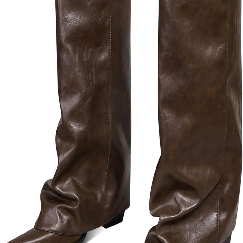 Fold Over Knee High Wide Calf Chunky Heel Long Boots Pointed Toe - Picture 6 of 6